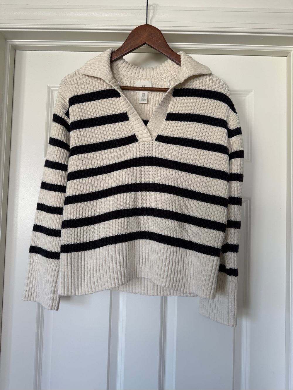 H&M Cream & Black Striped Collared V-Neck oversized chunky nautical fall sweater